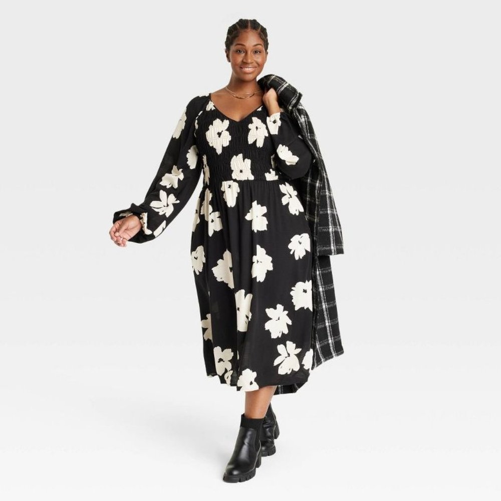 Women's Plus Size Balloon Long Sleeve Smocked Bodice Dress - Ava & Viv™ Black, X